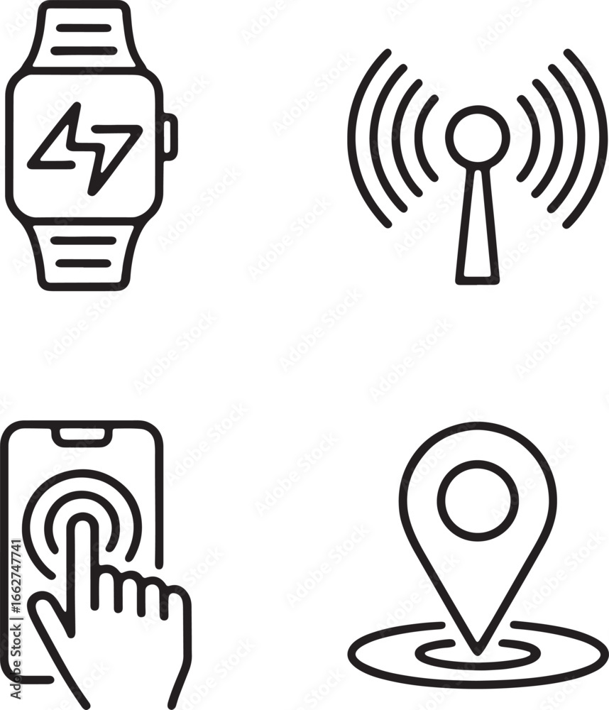 Four black outline icons showing smartwatch, signal tower, smartphone touch and map pin technology fitness tracker Four black outline icons showing smartwatch, signal tower, smartphone touch and map pin technology fitness tracker