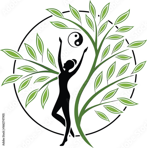 Vector of Silhouette woman reaching for yin yang symbol within a tree and circle.