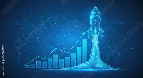 Abstract rocket launching over growth chart on blue tech background, symbolizing startup success and business boost in futuristic low-poly digital style.
