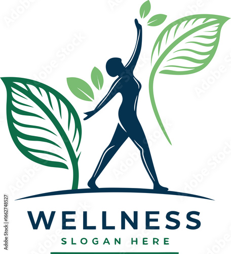 Vector of Holistic wellness logo person reaching for growth amidst green leaves.