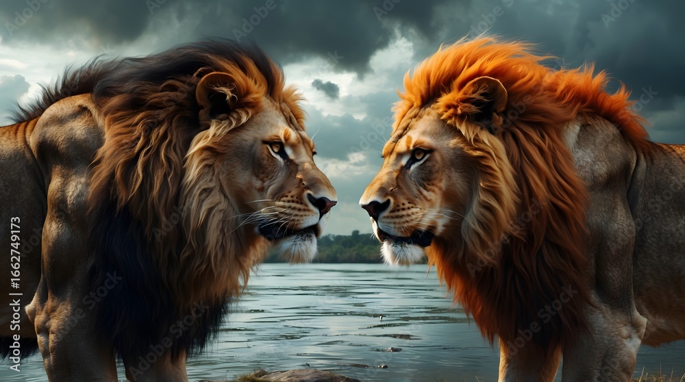 Fototapeta premium Majestic Lions Face-Off A Dramatic Encounter in the African Savanna