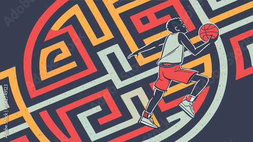 Retro basketball player vector illustration with a vintage style and abstract maze background for a dynamic and eyecatching design