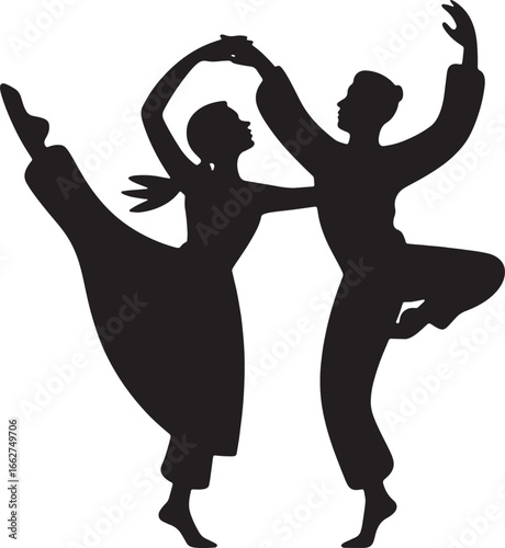 Silhouette of two dancers in graceful poses holding hands dancing ballet