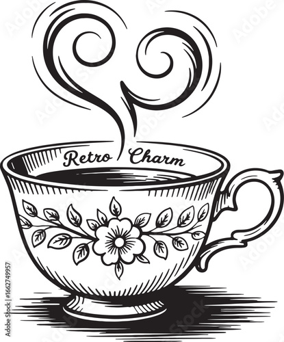 Vintage teacup with floral design and steam forming a heart shape coffee cup retro