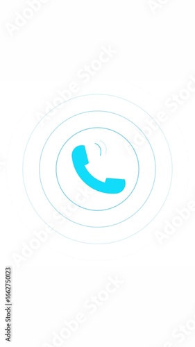 Vertical video featuring phone symbol for digital communication and contact. Animated blue phone icon in a circle illustrating communication on white background.