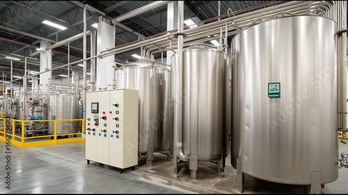 Modern industrial factory production plant interior with large steel tank in clean facility