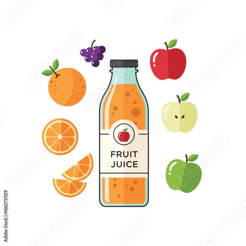 Vector illustration of vector art of bottle of fresh fruit juice with apple, orange and grape