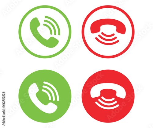 Phone Call Accept and Decline Button Icons – Green and Red Call Symbols for Mobile App, Communication UI and Digital Interface Vector.