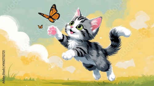 Adorable Kitten Leaping to Catch Butterflies A Whimsical Illustration
