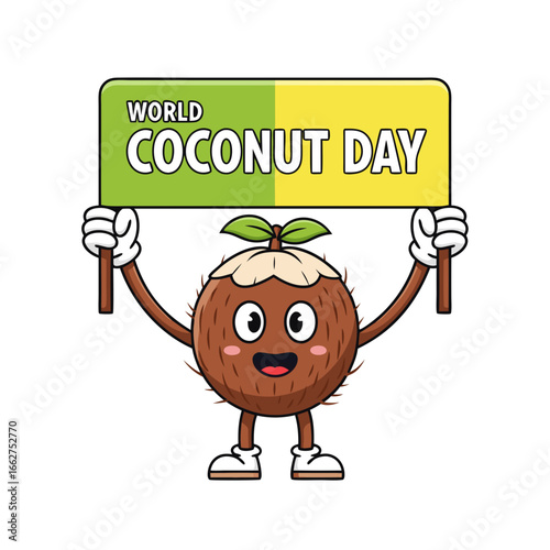 Cute Coconut Mascot Holding Banner for World Coconut Day