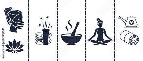 Vector of Wellness and self care icons for health and relaxation.
