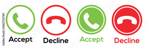 Phone Call Accept and Decline Button Icons – Green and Red Call Symbols for Mobile App, Communication UI and Digital Interface Vector.
