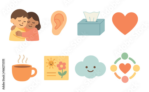 Children's Emotional Support Icons. Flat vector mini-illustrations emotional support in colors children's