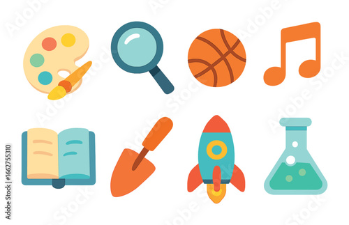 Children's Interest Icons. Flat vector mini-illustrations exploring new interests in colors children's