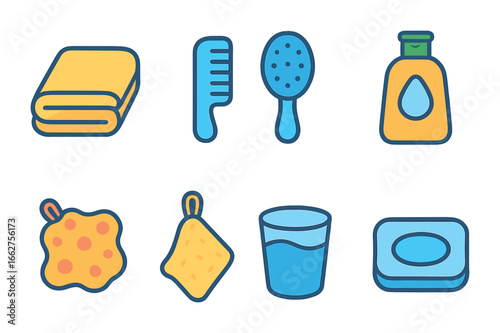 Boy's Grooming Essentials. Flat vector mini-illustrations boy’s grooming kit in colors children's