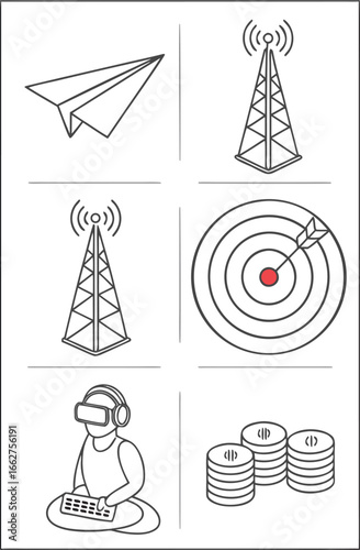 Vector of Collection of modern technology and business icons in a grid layout.