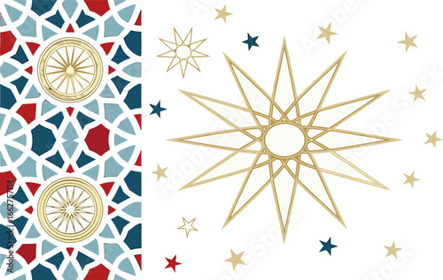 Vector of Geometric pattern with golden stars and celestial motifs.