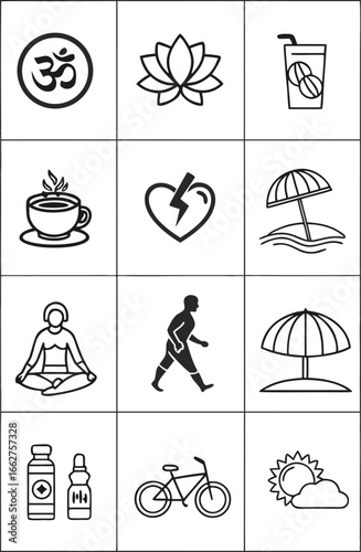 Vector of Collection of icons representing health wellness and lifestyle choices.
