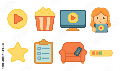 Kids' Streaming Icons. Flat vector mini-illustrations video streaming subscriptions in colors children's