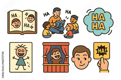 Laughter Storybook Icons. Flat vector mini-illustrations storytelling with laughter in colors children's