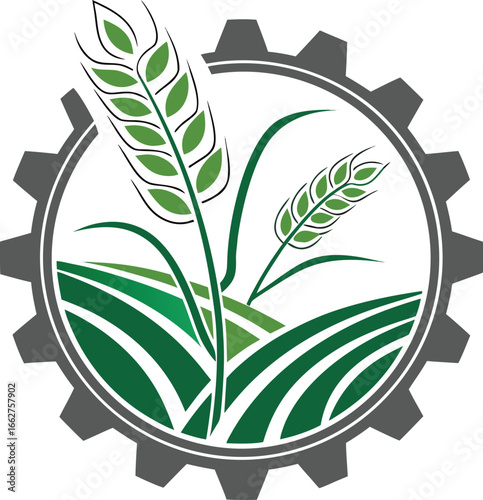 Vector of Industrial agriculture logo combining wheat fields and gear mechanism.