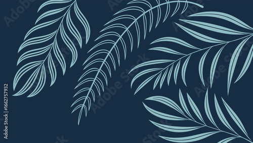 Sophisticated dark blue backdrop adorned with light blue palm leaves, perfect for creating a calming and tropicalinspired atmosphere
