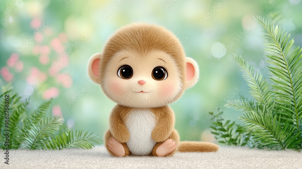 Fototapeta premium A small monkey is sitting on the ground. It has a white belly and a black nose. The monkey is smiling
