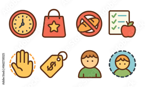 Elasticity Factors Icons. Flat vector mini-illustrations factors affecting elasticity in colors children's