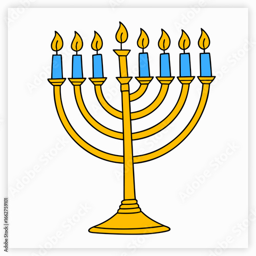 Golden menorah with blue candles and orange flames vector