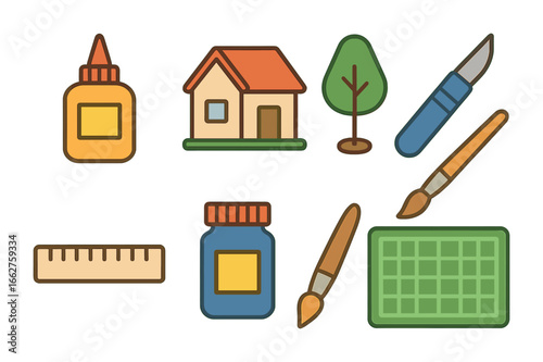 Model Building Tools. Flat vector mini-illustrations model building and miniatures in colors children's