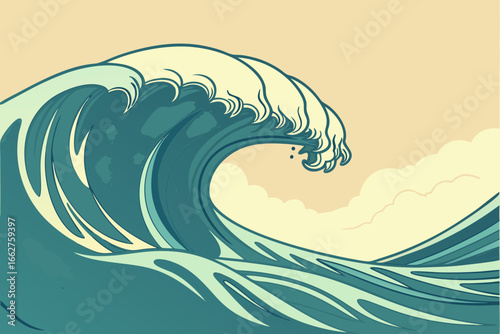 Stylized illustration of a powerful breaking ocean wave with foam and clouds