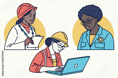 Diverse women in stem professions collaborating and working