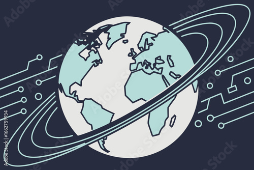 Stylized globe with digital circuitry and orbiting rings