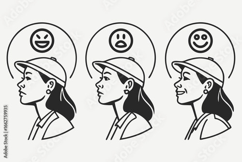 Woman s emotions change from sad to happy with different facial expressions