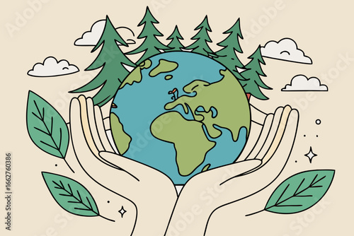 Hands cradling planet earth with trees and clouds