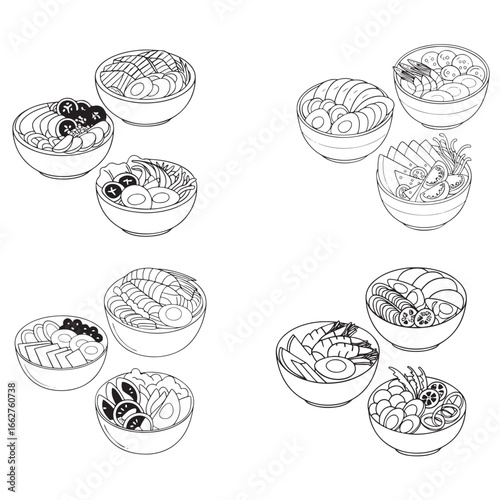 poke bowl collection. Salmon, cucumber, tomato, egg, shrimp, and other vector silhouette