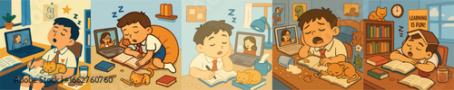 School children who are sleepy during online learning.