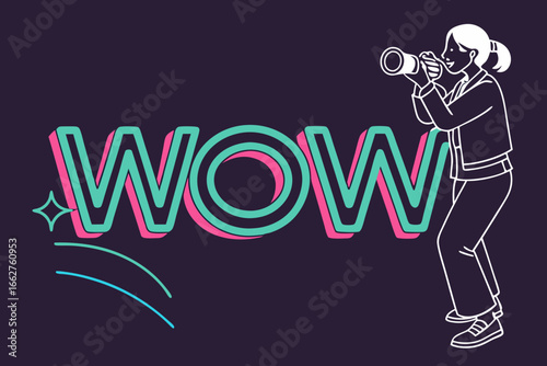 Woman with megaphone looking at wow text