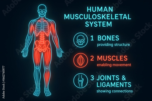 Neon Musculoskeletal System with Bones and Muscle Interactions for Medical Study