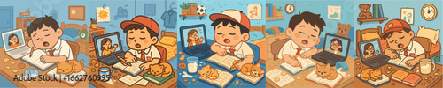 School children who are sleepy during online learning.