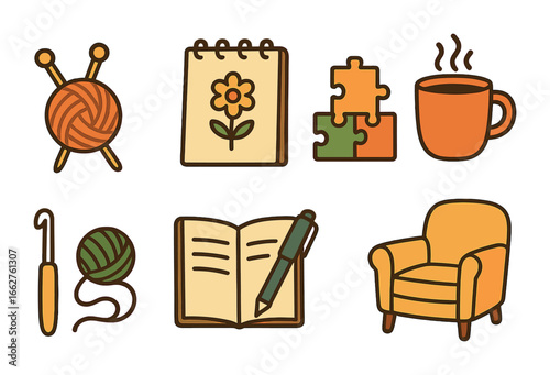 Cozy Indoor Hobbies. Flat vector mini-illustrations cozy indoor hobbies in colors children's illustrations: