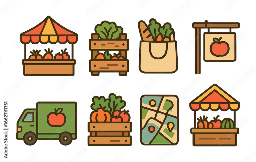 Obraz premium Local Food Network Icons. Flat vector mini-illustrations local food distribution networks in colors children's