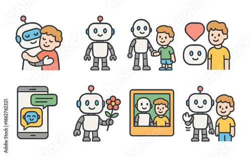 Human-Robot Connection. Flat vector mini-illustrations psychology of human-robot relationships in colors