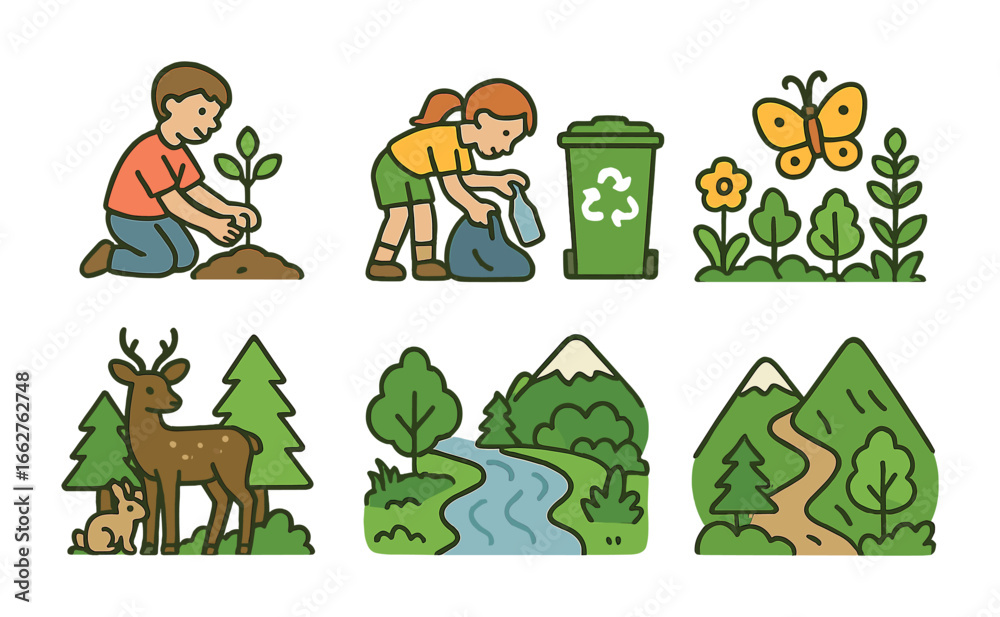Fototapeta premium Nature Preservation Icons. Flat vector mini-illustrations nature preservation in colors children's