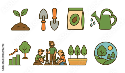 Reforestation Tools Icons. Flat vector mini-illustrations reforestation efforts in colors children's