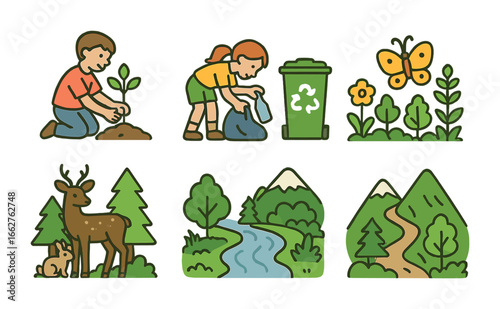 Nature Preservation Icons. Flat vector mini-illustrations nature preservation in colors children's