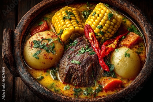 Sancocho with beef, potatoes, carrots, corn on cob, red chilies, served in rustic dark wood bowl. Concept of warm, inviting Sancocho atmosphere, Latin American stew focus.
