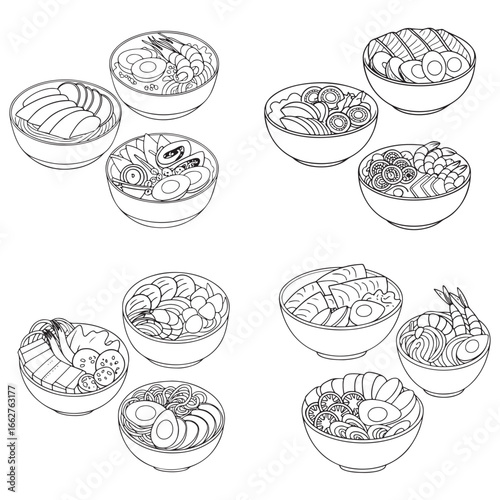 poke bowl collection. Salmon, cucumber, tomato, egg, shrimp, and other vector silhouette