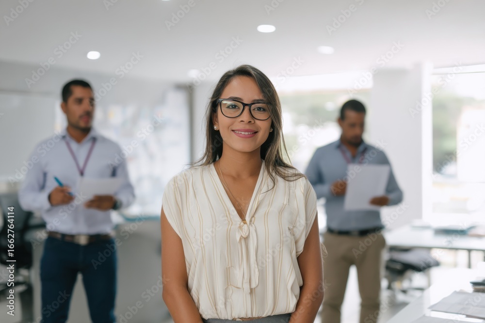 Fototapeta premium A woman wearing glasses and a white shirt is smiling in front of a group of people. She is holding papers in her hands