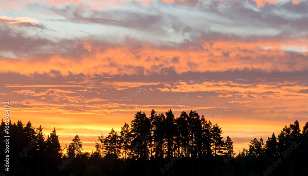 Fototapeta premium Fiery Sunset Sky Over Silhouetted Trees